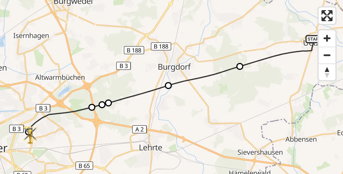 Flugroute Rettungshubschrauber Uetze - Hannover Luftrettung Hubschrauberlandeplatz (Christoph 4), 27 Oktober 2026, 13:02