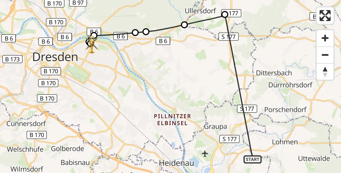 Flugroute Rettungshubschrauber Pirna - Dresden University Hospital, 27 Oktober 2026, 13:05