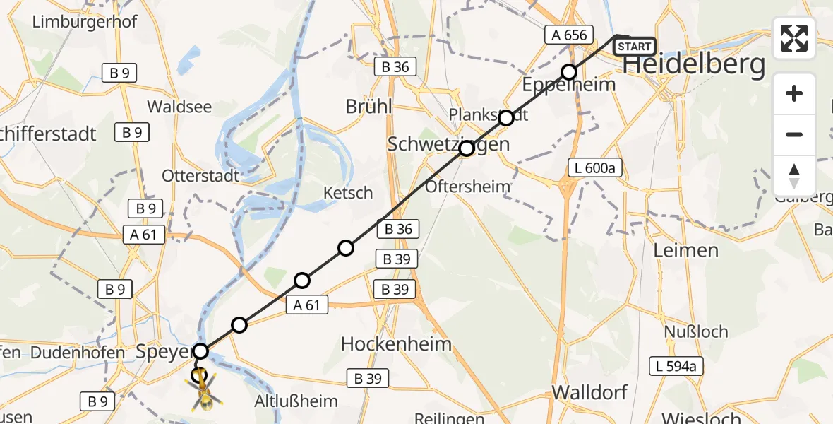 Flugroute Rettungshubschrauber Heidelberg - Speyer Flugplatz, 27 Oktober 2026, 13:10