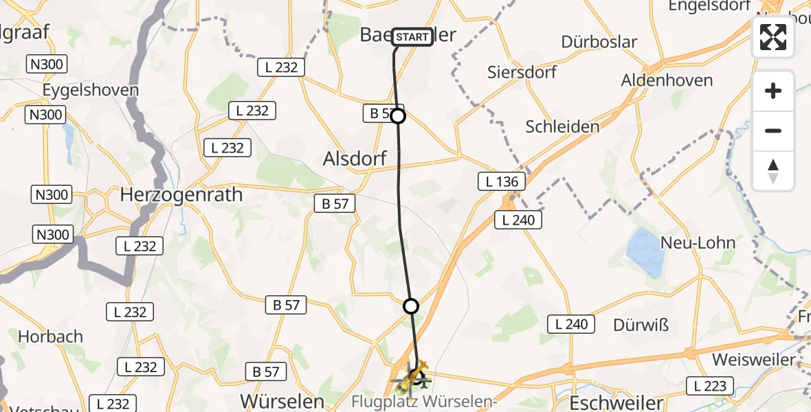 Flugroute Rettungshubschrauber Baesweiler - Aachen-Merzbrück Flughafen, 27 Oktober 2026, 13:12