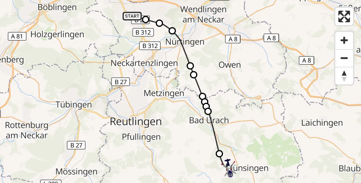 Flugroute Polizeihubschrauber Flughafen Stuttgart - Münsingen, 27 Oktober 2026, 13:17