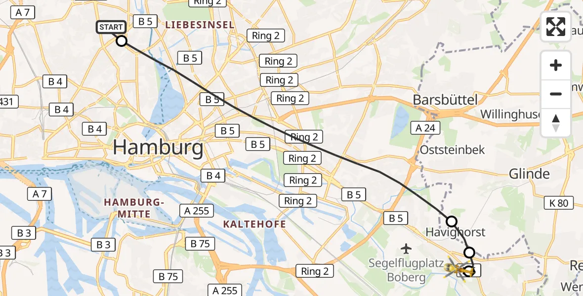 Flugroute Rettungshubschrauber Universitätsklinikum Hamburg-Eppendorf Hubschrauberlandeplatz - Christoph Hansa ADAC Hubschrauberlandeplatz, 27 Oktober 2026, 13:19