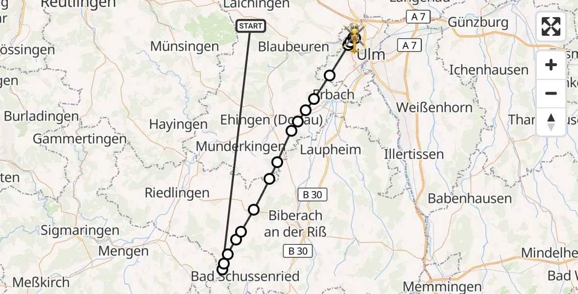 Flugroute Rettungshubschrauber Heroldstatt - Ulm Military Hospital Emergency, 27 Oktober 2026, 13:30