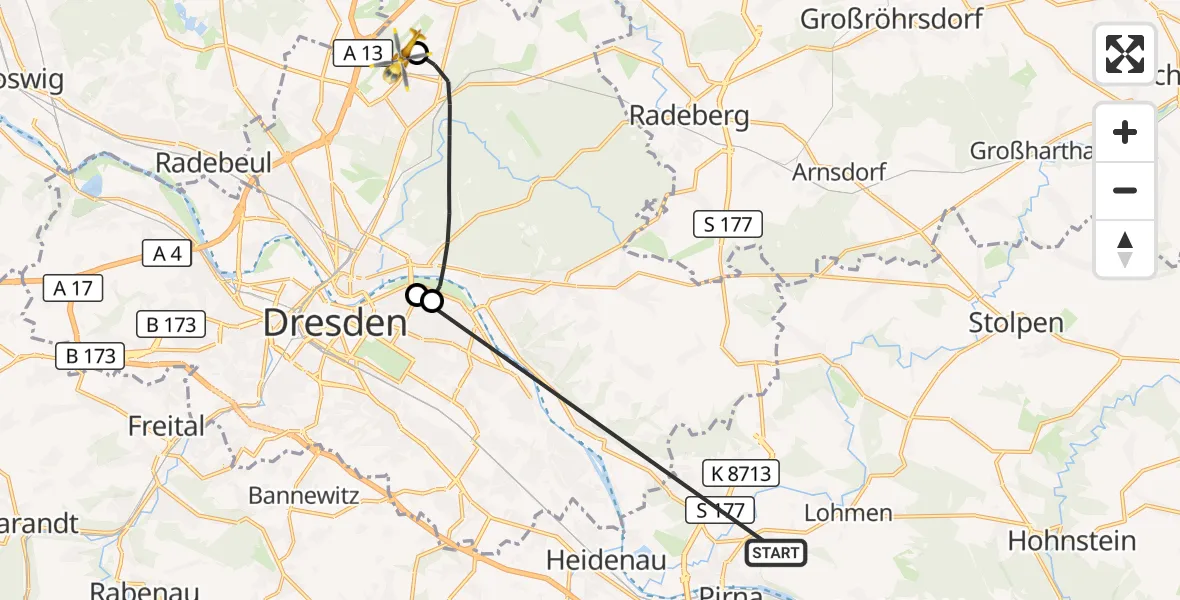 Flugroute Rettungshubschrauber Pirna - Dresden Bundespolizei Hubschrauberlandeplatz, 27 Oktober 2026, 13:34