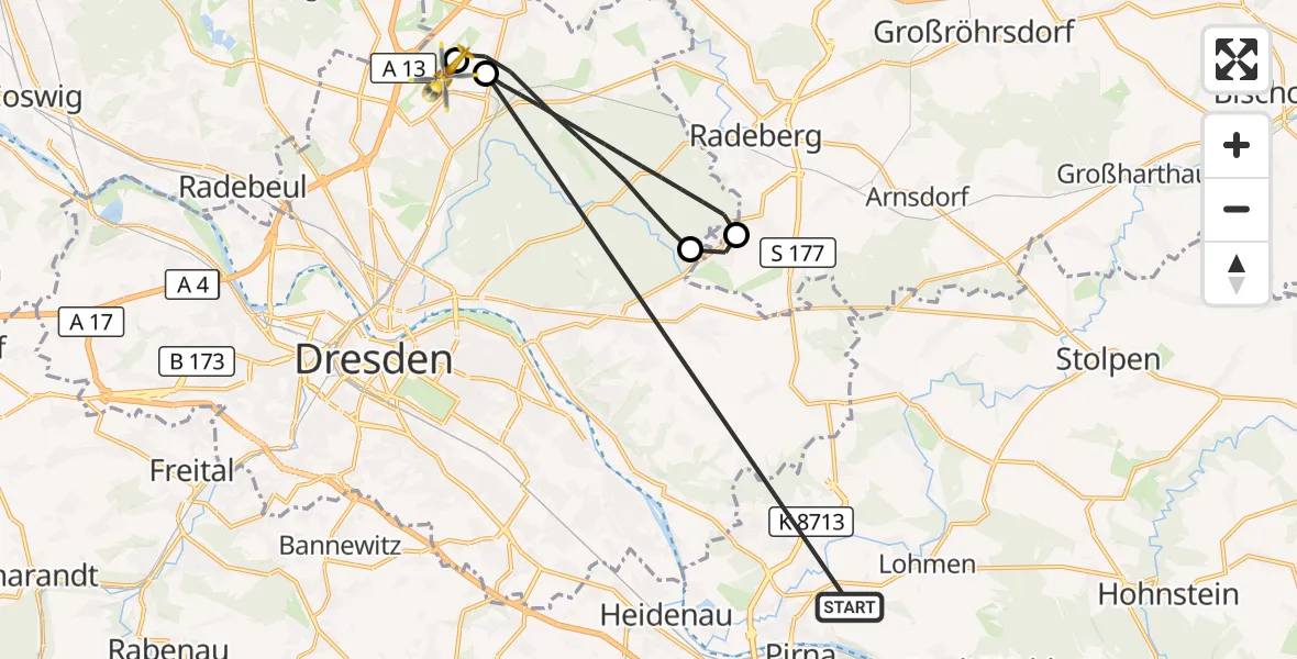 Flugroute Rettungshubschrauber Pirna - Dresden Bundespolizei Hubschrauberlandeplatz, 27 Oktober 2026, 13:54
