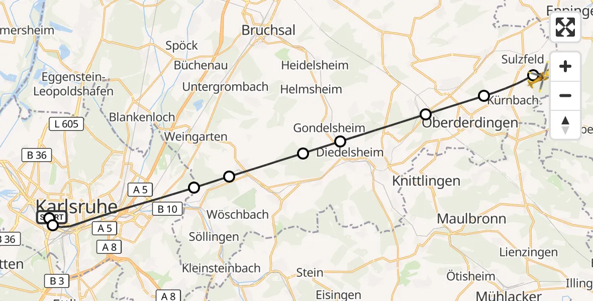 Flugroute Ambulanzhubschrauber Sankt Vincentius Hospital - Sulzfeld, 27 Oktober 2026, 14:07