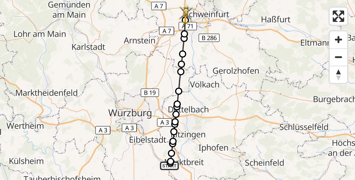 Flugroute Rettungshubschrauber Ochsenfurt Hospital - Geldersheim, 27 Oktober 2026, 14:10