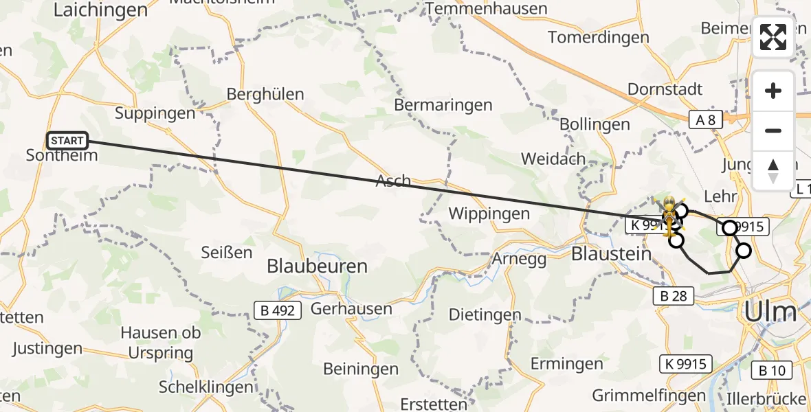 Flugroute Rettungshubschrauber Heroldstatt - ADAC Air Rescue Station Ulm (Christoph 22), 27 Oktober 2026, 14:18
