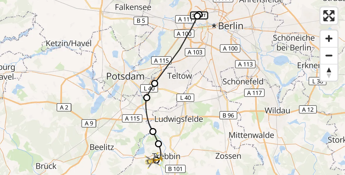 Flugroute Ambulanzhubschrauber Charité Clinic Virchow Campus - Trebbin, 27 Oktober 2026, 14:20