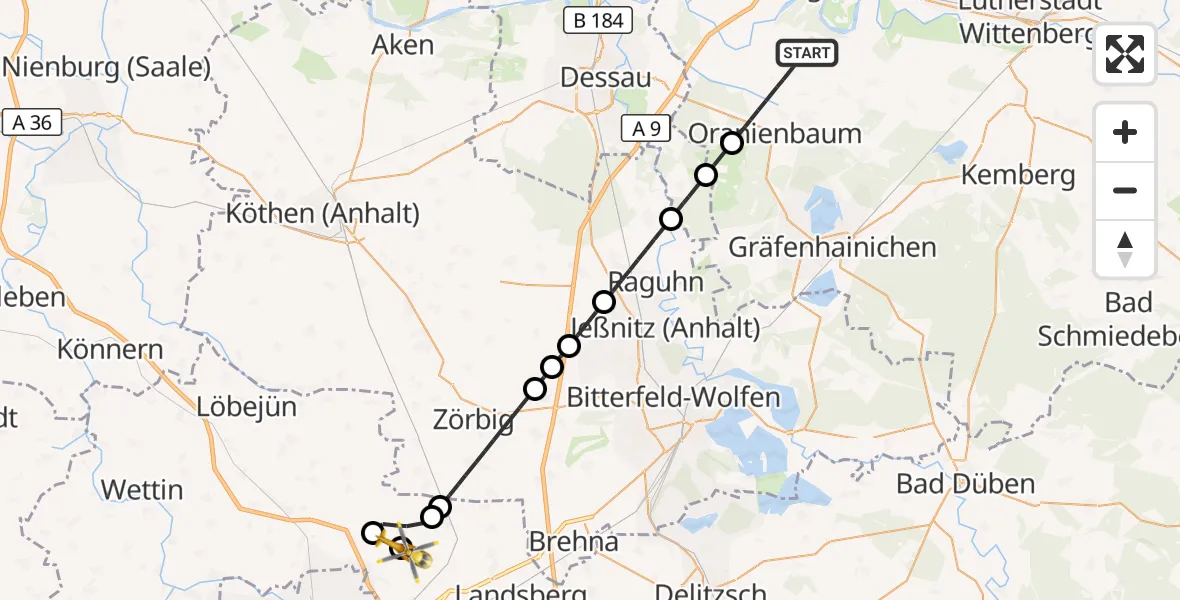 Flugroute Rettungshubschrauber Oranienbaum-Wörlitz - Halle-Oppin Flugplatz, 27 Oktober 2026, 14:28