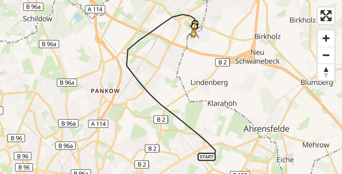 Flugroute Rettungshubschrauber Berlin - Helios Clinic Berlin-Buch, 27 Oktober 2026, 14:29