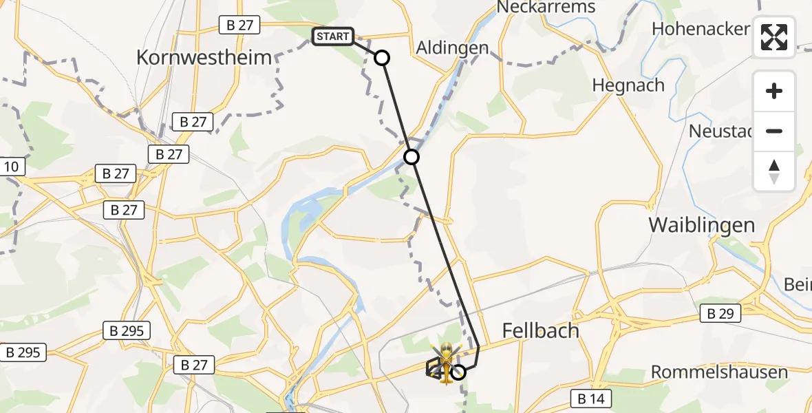 Flugroute Rettungshubschrauber Pattonville Flugplatz - Stuttgart, 27 Oktober 2026, 14:45