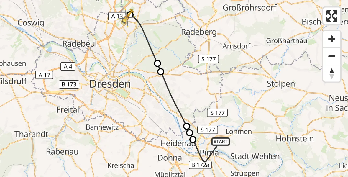 Flugroute Rettungshubschrauber Pirna - Dresden Bundespolizei Hubschrauberlandeplatz, 27 Oktober 2026, 14:48