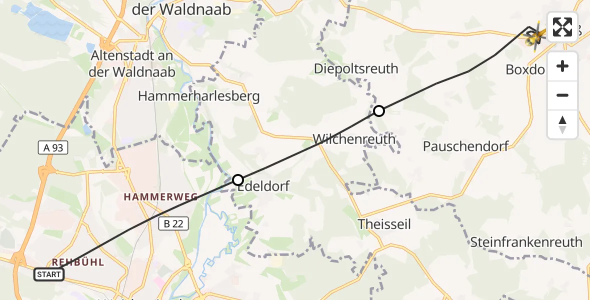 Flugroute Ambulanzhubschrauber Weiden i.d.OPf. - Floß, 27 Oktober 2026, 14:50