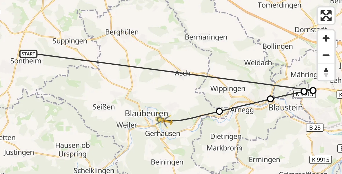 Flugroute Rettungshubschrauber Heroldstatt - Blaubeuren, 27 Oktober 2026, 14:56