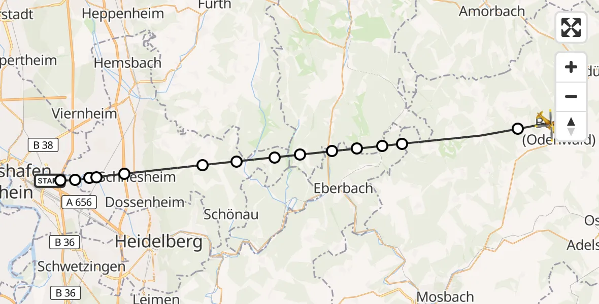 Flugroute Rettungshubschrauber Mannheim-City Flughafen - Buchen (Odenwald), 27 Oktober 2026, 14:58
