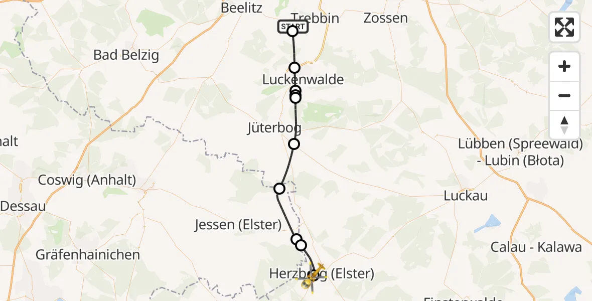 Flugroute Ambulanzhubschrauber Trebbin - Elbe-Elster Hospital Herzberg, 27 Oktober 2026, 15:07