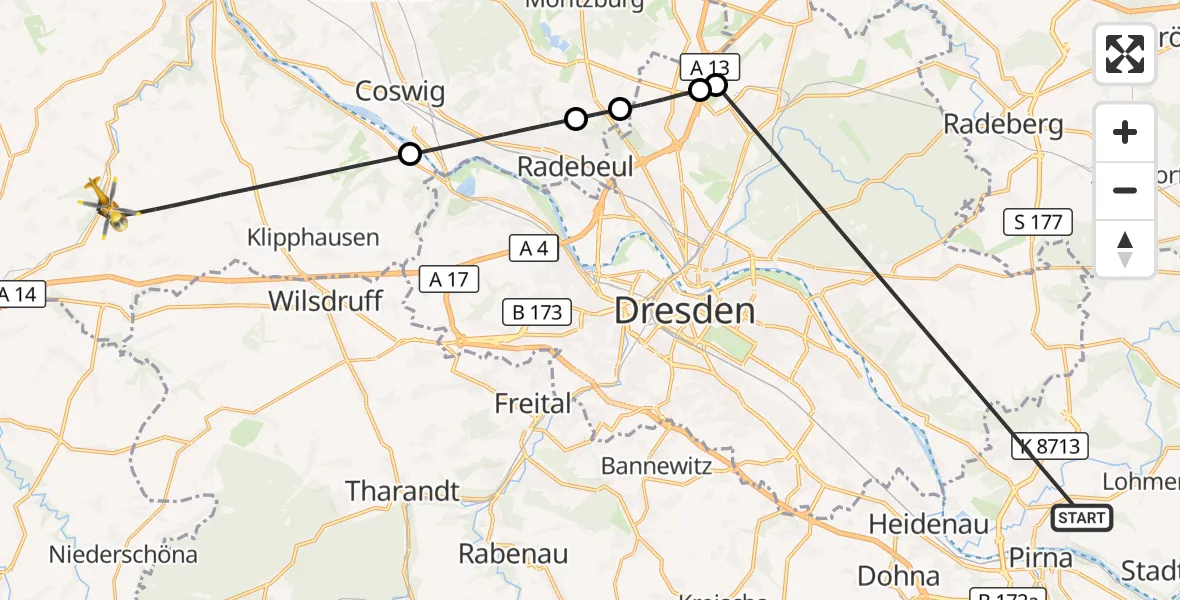 Flugroute Rettungshubschrauber Pirna - Klipphausen, 27 Oktober 2026, 15:10