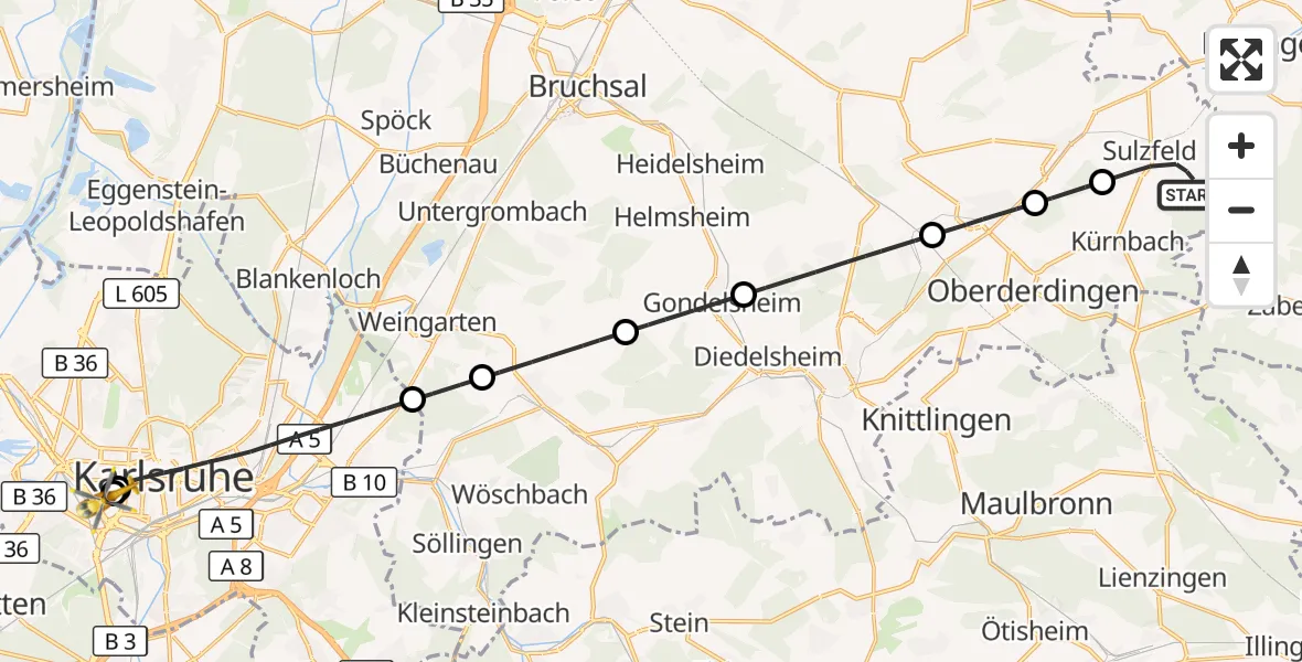 Flugroute Ambulanzhubschrauber Sulzfeld - Sankt Vincentius Hospital, 27 Oktober 2026, 15:10