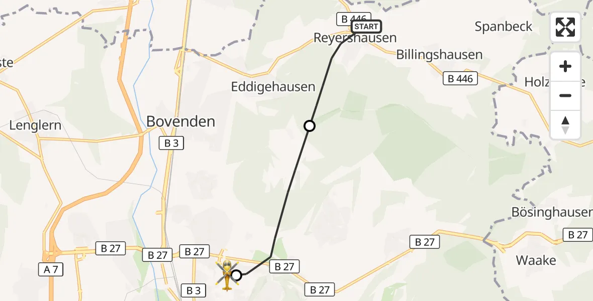 Flugroute Rettungshubschrauber Bovenden - Göttingen University Clinic Hubschrauberlandeplatz, 27 Oktober 2026, 15:13