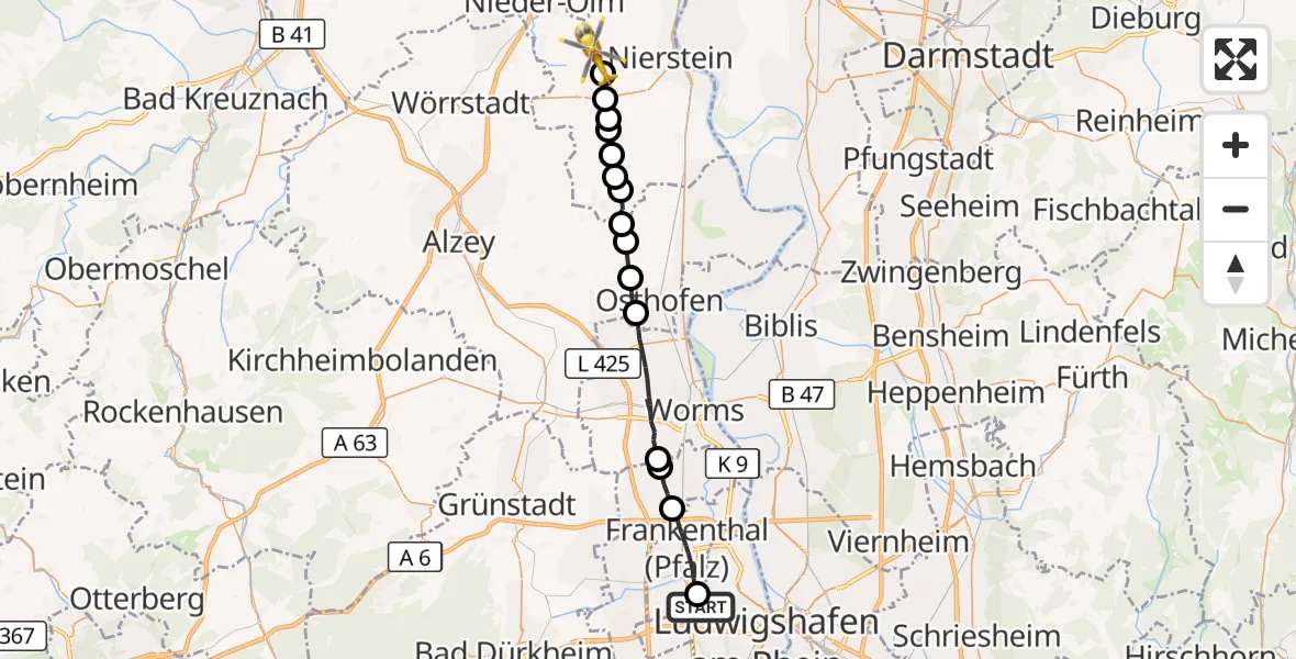 Flugroute Rettungshubschrauber Ludwigshafen am Rhein - Selzen, 27 Oktober 2026, 15:13