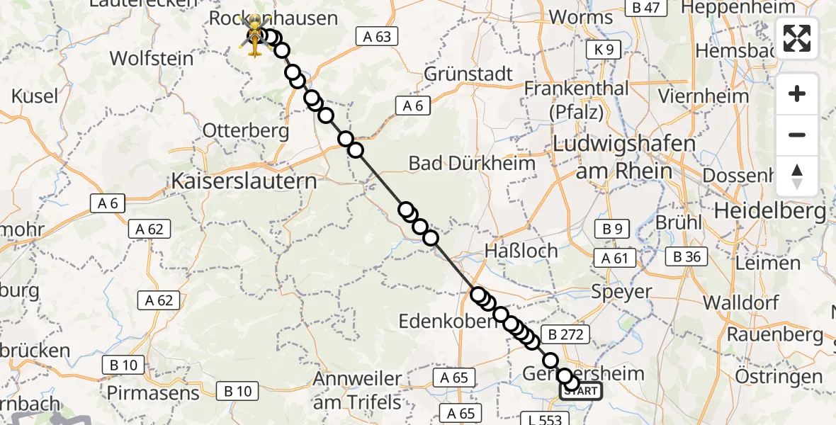 Flugroute Rettungshubschrauber Germersheim - Rockenhausen, 27 Oktober 2026, 15:16