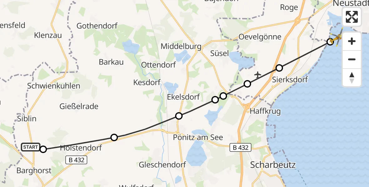 Flugroute Rettungshubschrauber Christoph 12 Luftrettungszentrum - Neustadt in Holstein, 27 Oktober 2026, 15:22
