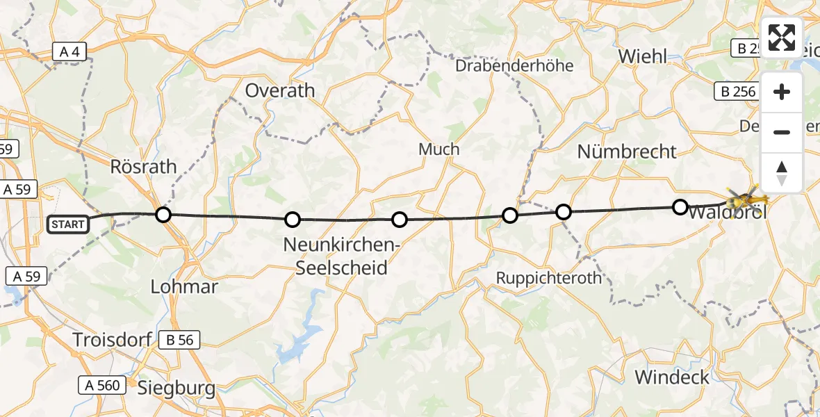 Flugroute Rettungshubschrauber Köln Bonn Flughafen - Waldbröl, 27 Oktober 2026, 15:22