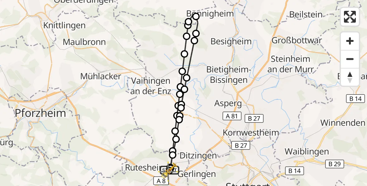 Flugroute Rettungshubschrauber Leonberg Hospital - Leonberg Hospital, 27 Oktober 2026, 15:26