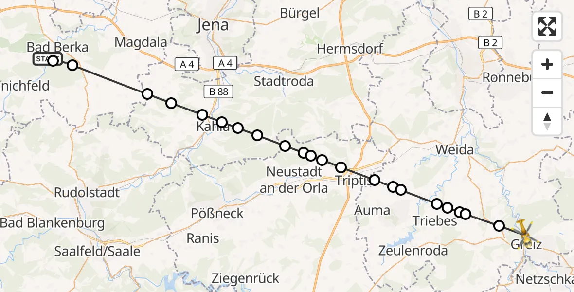 Flugroute Rettungshubschrauber Bad Berka Central Hospital - Greiz, 27 Oktober 2026, 15:33
