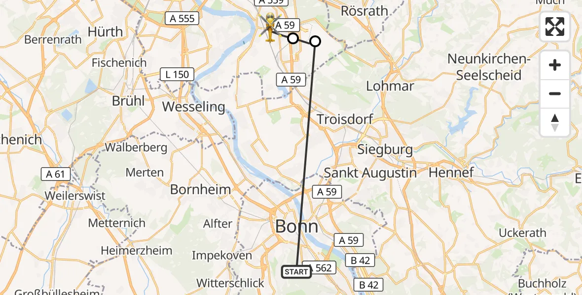 Flugroute Ambulanzhubschrauber Bonn University Hospital - Köln, 27 Oktober 2026, 15:34