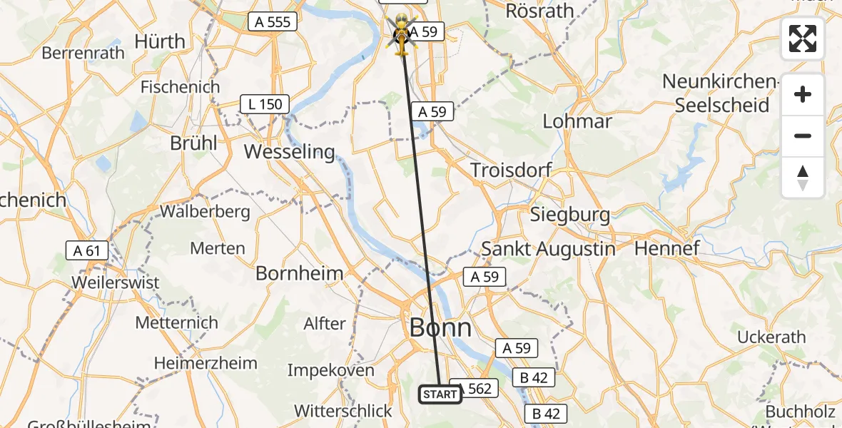 Flugroute Ambulanzhubschrauber Bonn University Hospital - Köln, 27 Oktober 2026, 15:39
