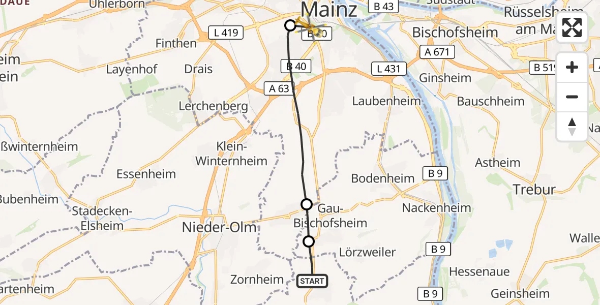 Flugroute Rettungshubschrauber Mommenheim - Mainz Universitätsmedizin Hubschrauberlandeplatz, 27 Oktober 2026, 15:45