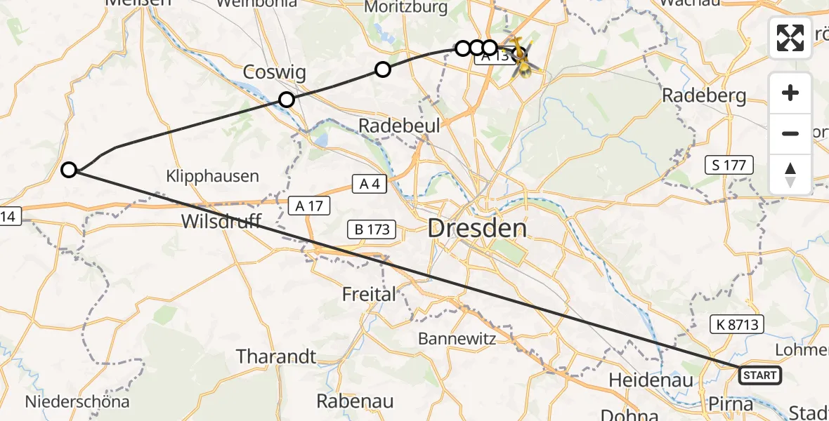 Flugroute Rettungshubschrauber Pirna - Dresden Bundespolizei Hubschrauberlandeplatz, 27 Oktober 2026, 15:50