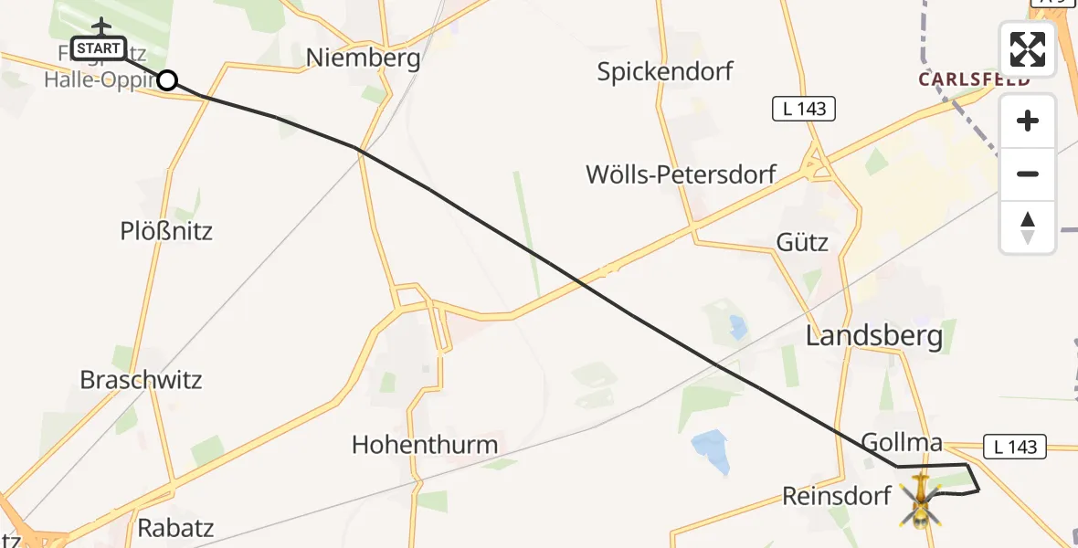 Flugroute Rettungshubschrauber Halle-Oppin Flugplatz - Landsberg, 27 Oktober 2026, 15:51