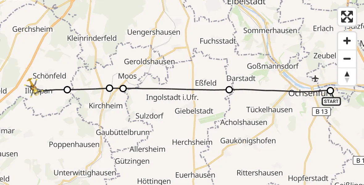 Flugroute Rettungshubschrauber Ochsenfurt Hospital - Großrinderfeld, 27 Oktober 2026, 15:52