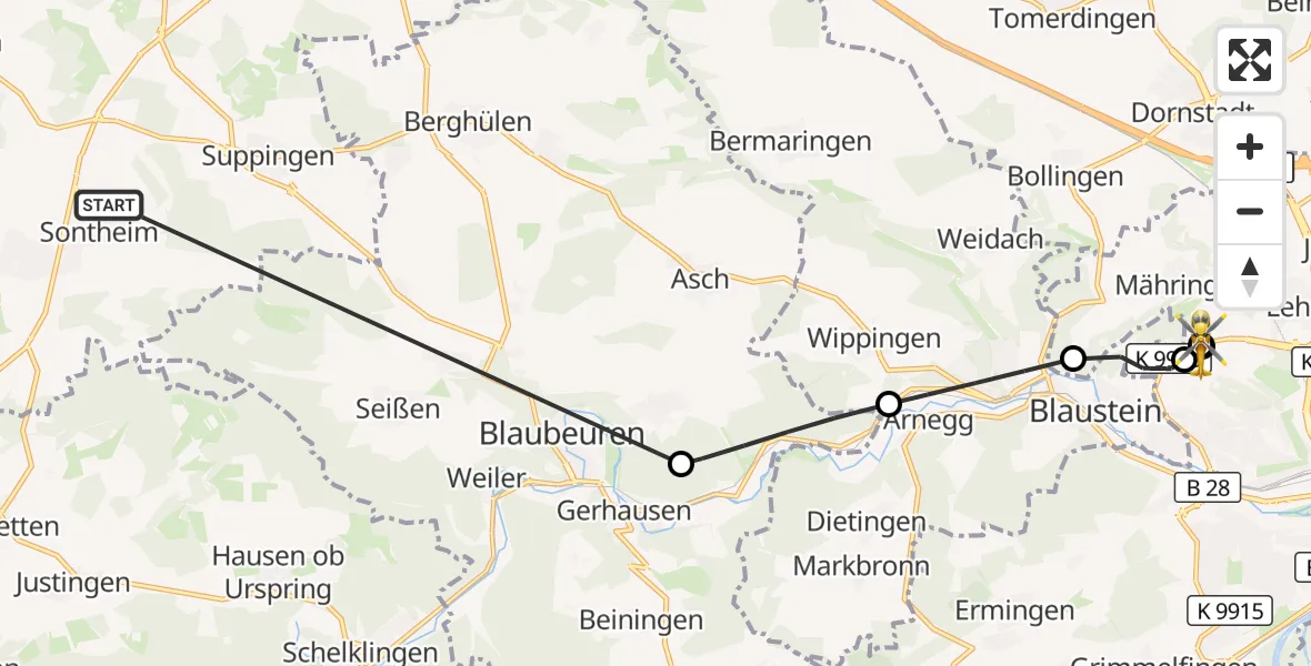 Flugroute Rettungshubschrauber Heroldstatt - ADAC Air Rescue Station Ulm (Christoph 22), 27 Oktober 2026, 15:56