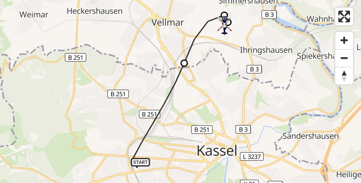 Flugroute Polizeihubschrauber Kassel - Fuldatal Bundespolizei Hubschrauberlandeplatz, 27 Oktober 2026, 16:00