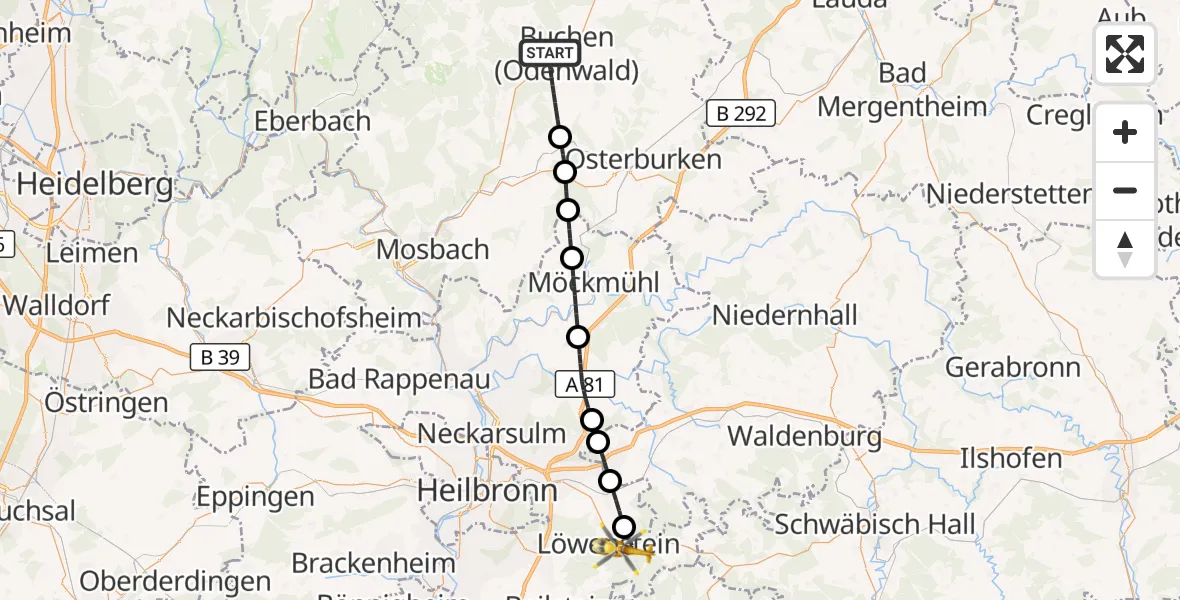 Flugroute Rettungshubschrauber Buchen (Odenwald) - Löwenstein, 27 Oktober 2026, 16:08