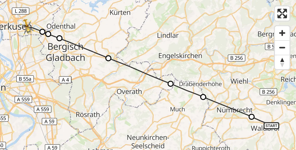 Flugroute Rettungshubschrauber Waldbröl - Leverkusen, 27 Oktober 2026, 16:08