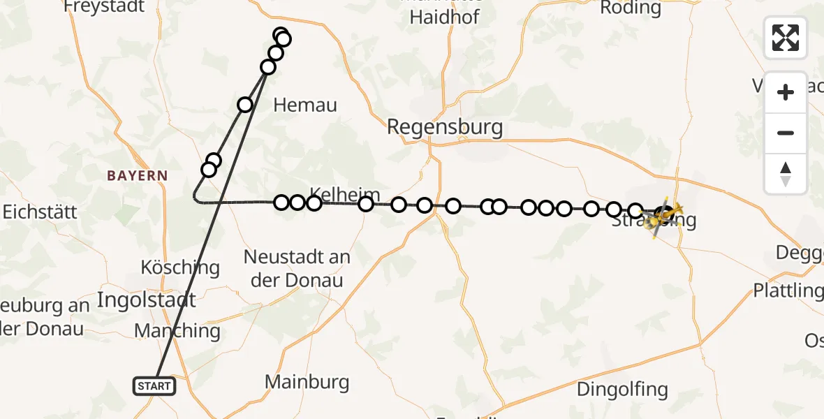 Flugroute Rettungshubschrauber Reichertshofen - Sankt Elisabeth Hospital Straubing, 27 Oktober 2026, 16:11