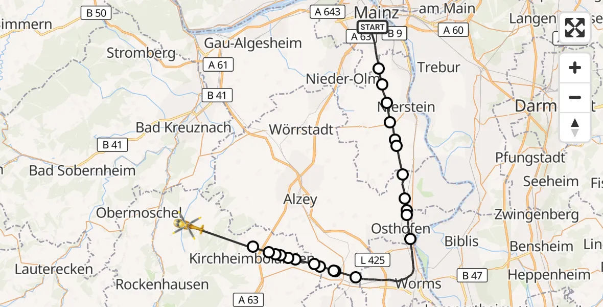 Flugroute Rettungshubschrauber Mainz - Gaugrehweiler, 27 Oktober 2026, 16:13