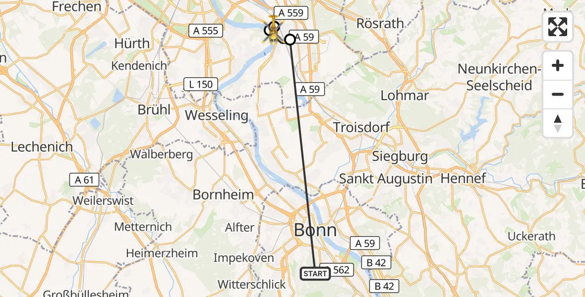 Flugroute Ambulanzhubschrauber Bonn University Hospital - Porz am Rhein Hospital, 27 Oktober 2026, 16:18