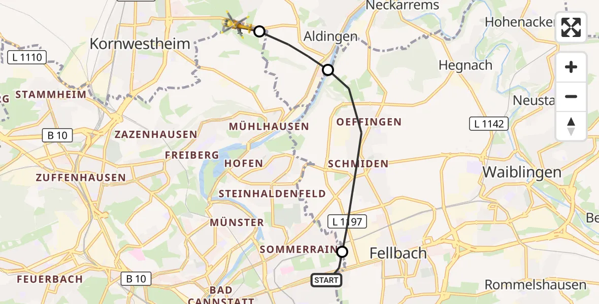 Flugroute Rettungshubschrauber Stuttgart - Pattonville Flugplatz, 27 Oktober 2026, 16:26