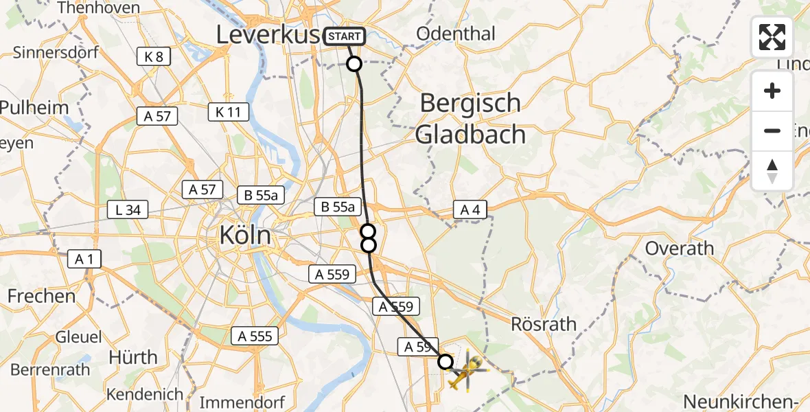 Flugroute Rettungshubschrauber Leverkusen - Köln Bonn Flughafen, 27 Oktober 2026, 16:39