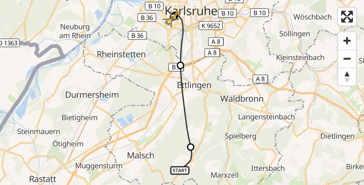Flugroute Ambulanzhubschrauber Malsch - Sankt Vincentius Hospital, 27 Oktober 2026, 16:41