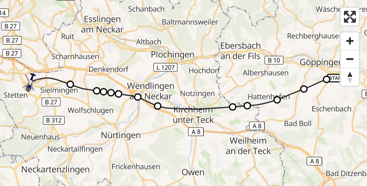 Flugroute Polizeihubschrauber Göppingen - Flughafen Stuttgart, 27 Oktober 2026, 17:03