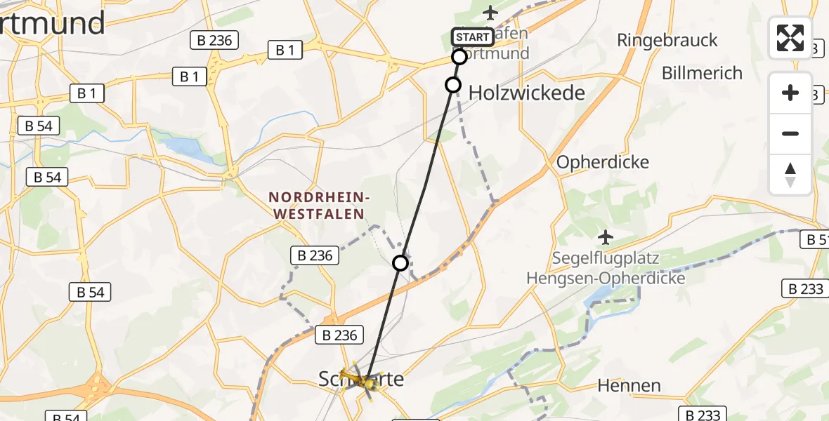 Flugroute Rettungshubschrauber Dortmund Flughafen - Schwerte, 27 Oktober 2026, 17:20