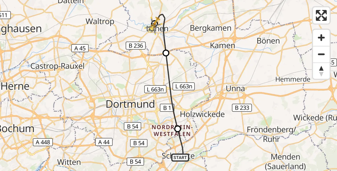 Flugroute Rettungshubschrauber Schwerte - Sankt Marien Hospital, 27 Oktober 2026, 18:04