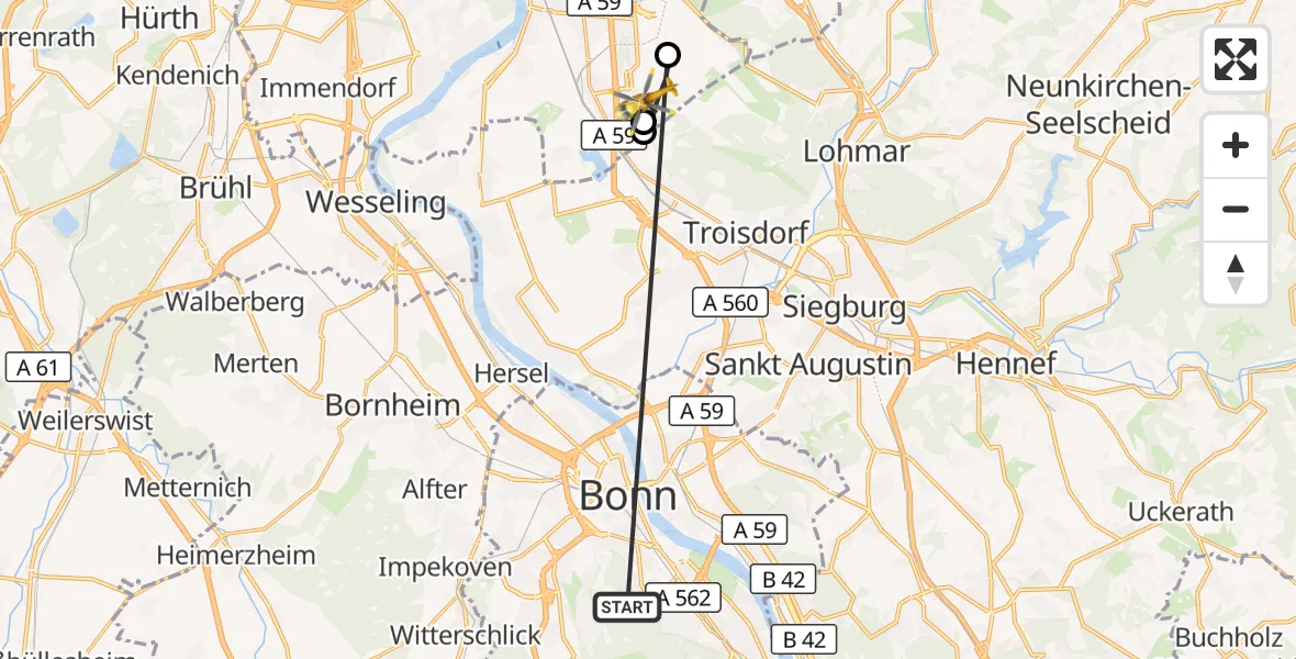 Flugroute Ambulanzhubschrauber Bonn University Hospital - Köln Bonn Flughafen, 27 Oktober 2026, 18:13
